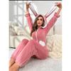 Color Block Bunny Ear Hooded Jumpsuit - Women's Coral Fleece Pajamas for Autumn and Winter