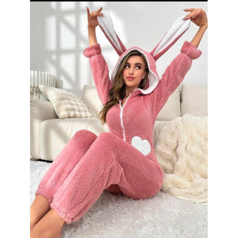Color Block Bunny Ear Hooded Jumpsuit - Women's Coral Fleece Pajamas for Autumn and Winter