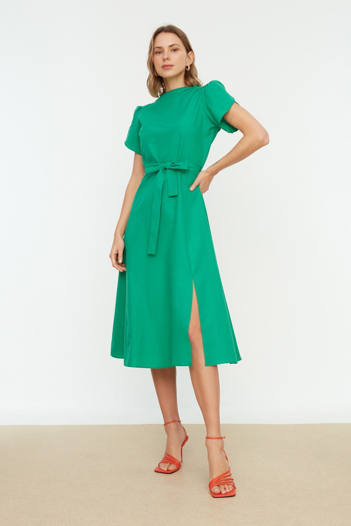 

Women s Fashion Green Belted Skater Waist Sleeve Detailed Midi Woven Dress XS