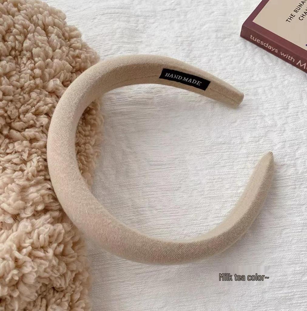 Retro French Wide Skull Top Sponge Headband for Women - Milk Coffee Color Hair Accessory