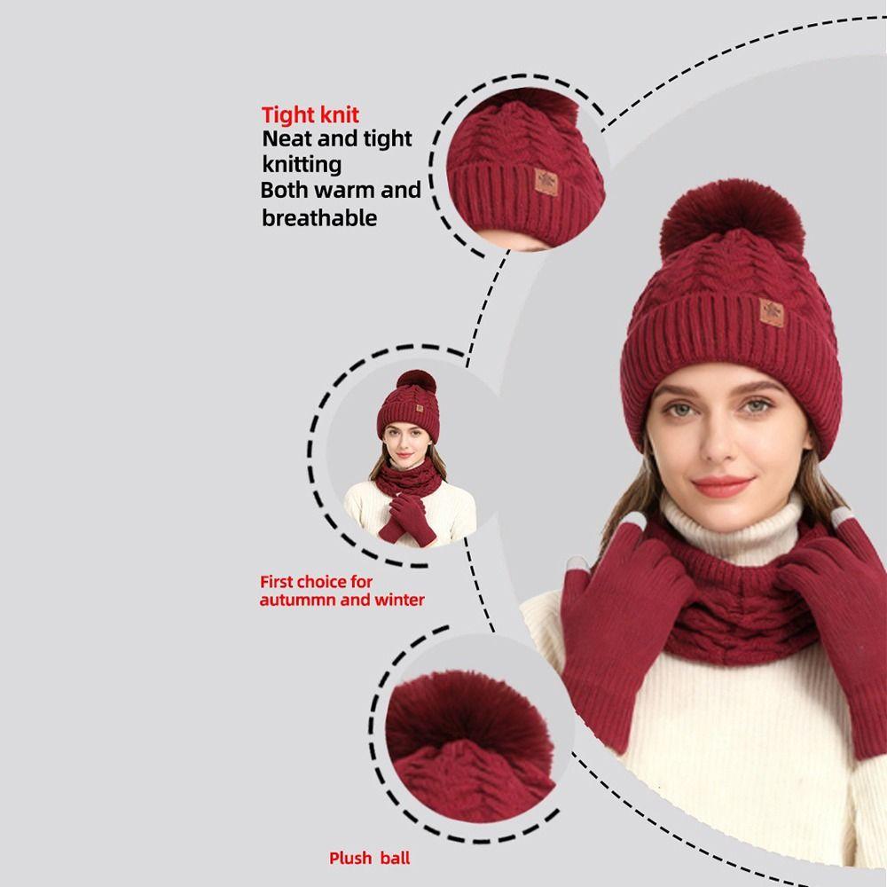 Solid Color Women Hat Scarf Gloves Set Beanie Hat Winter Knit Gloves Set  Winter Season