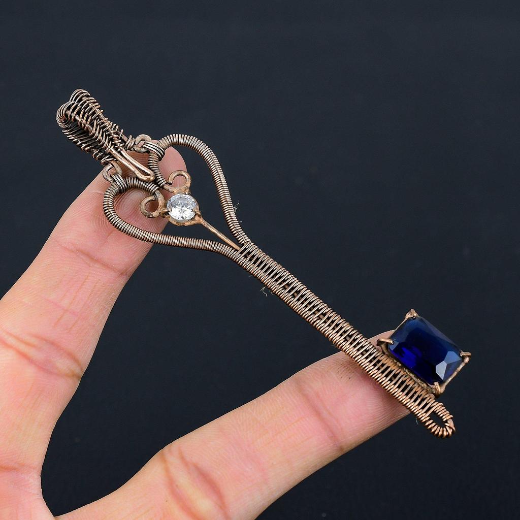 Faceted Blue Sapphire Gemstone Pure Copper Wire Wrapped Handmade Pendant Key Shaped Jewelry