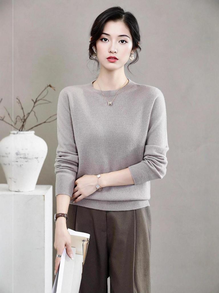 Women's Round Neck Cashmere Sweater: Autumn & Winter Versatile Long Sleeve Knit Top, Solid Color Fashion Basic.