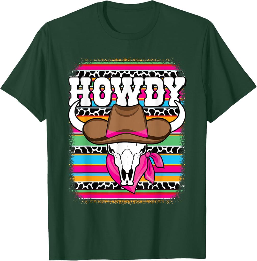 Howdy Cow Skull Western Rodeo Graphic Tee Breathable Short Sleeve Casual T-Shirt for Women
