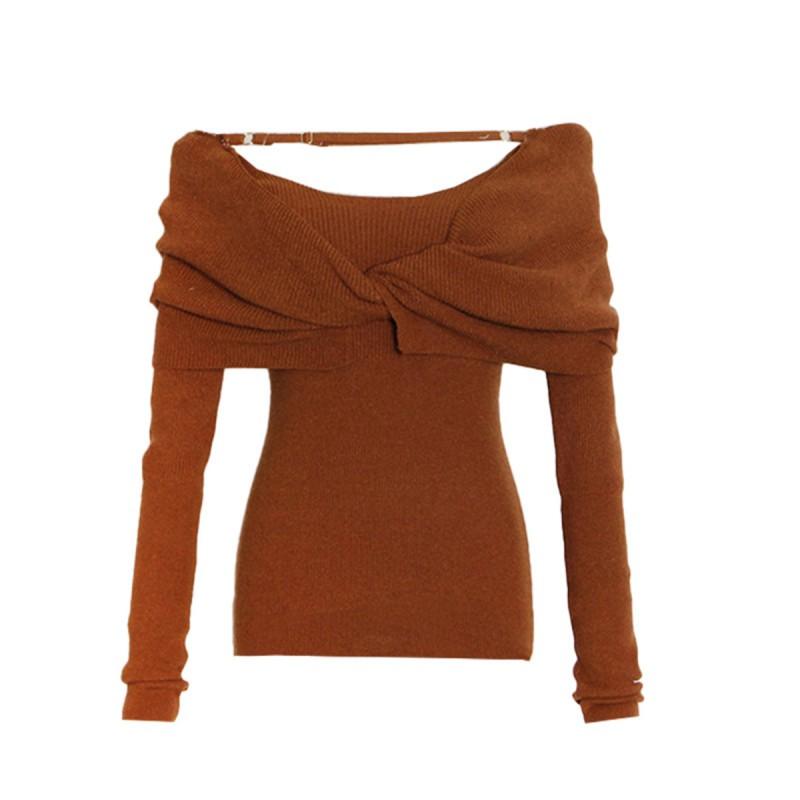 Womens Relaxed Fit Knit Sweater With Off-Shoulder Twist Detail Solid Color Cotton-Poly Blend Long Sleeve Slim 2026