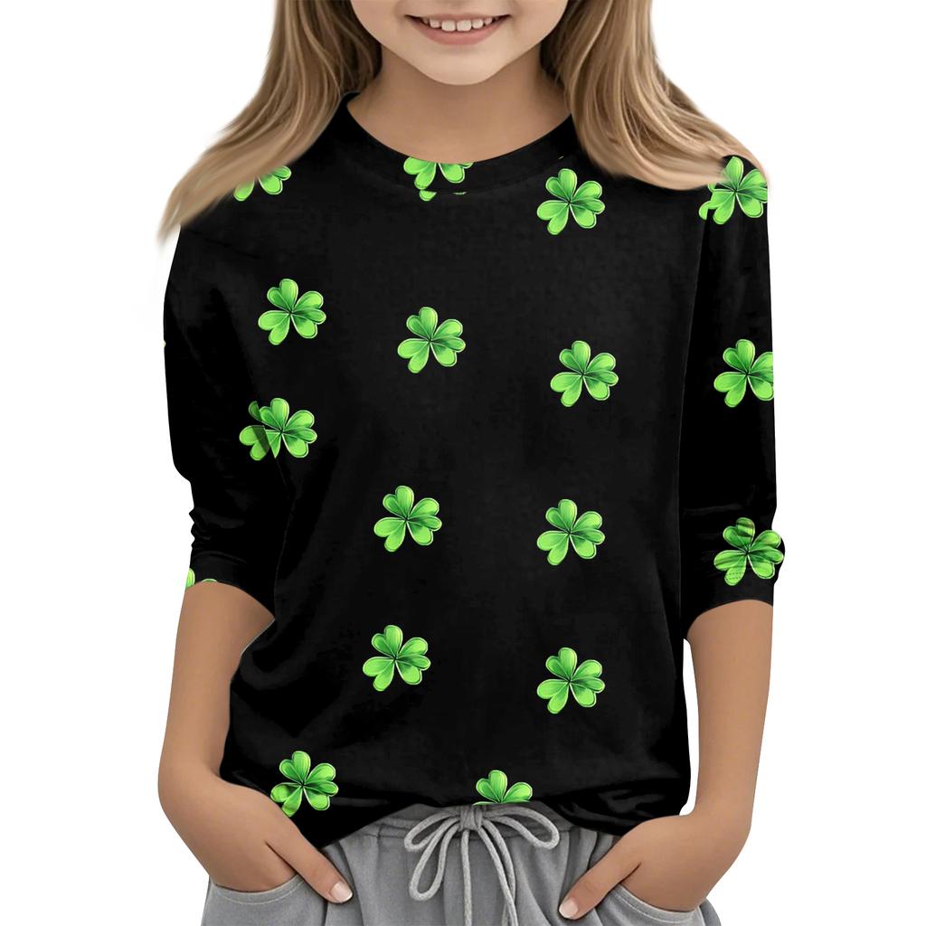 St. Patrick's Day Print Tops For Youth Girls 4-11 Years Round Neck 3/4 Sleeves T-Shirts Trendy Tops Outfit Tees