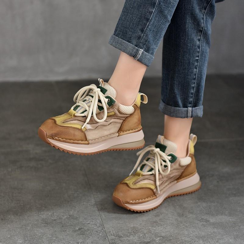 Johnature Genuine Leather Casual Sports Lace Up Anti Slip Women's Shoes Retro Mixed Colors Thick Soled Sneakers