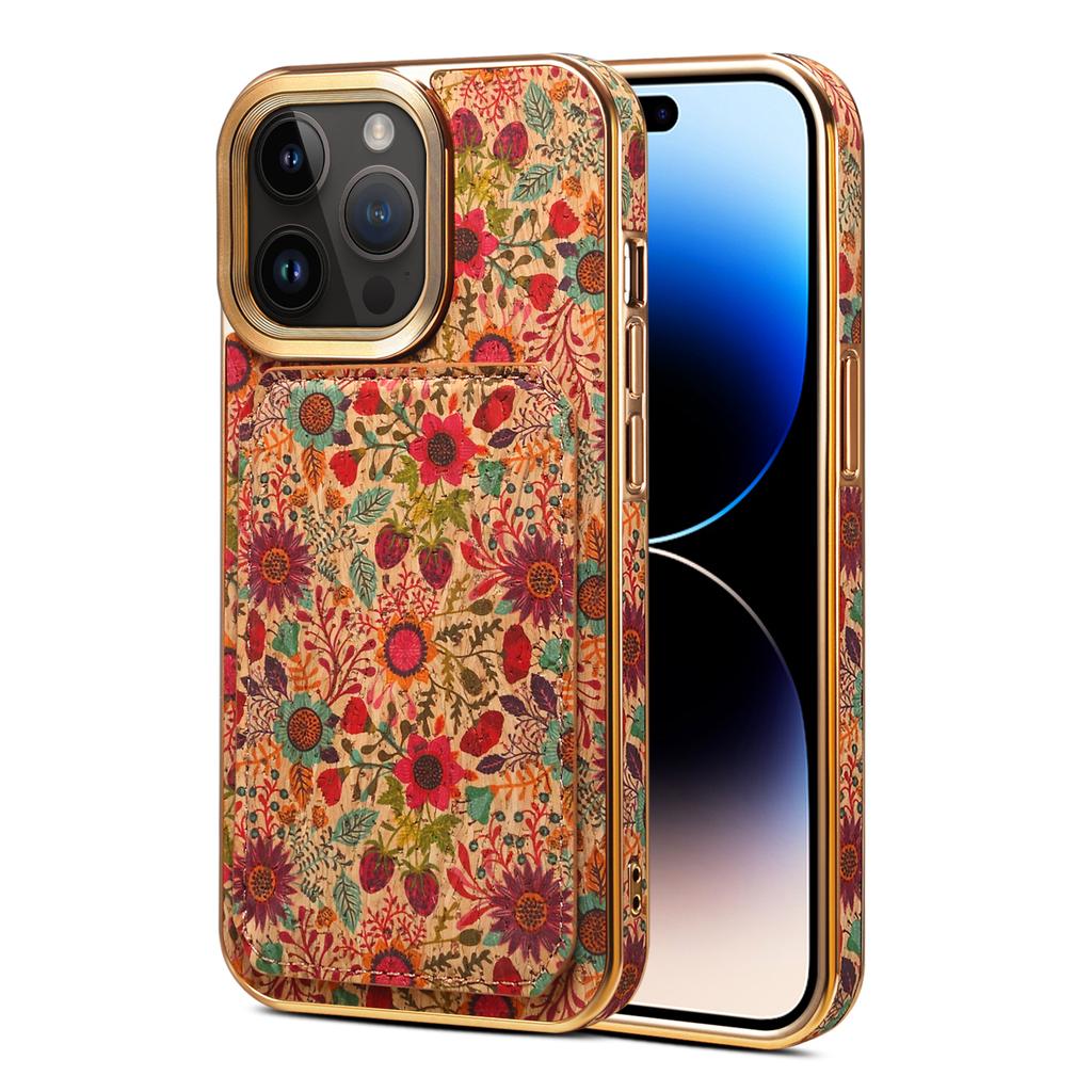 For iPhone 15 Pro Max Card Slots Kickstand Phone Case PU Leather Coated PC+TPU Flower Pattern Printed Cover