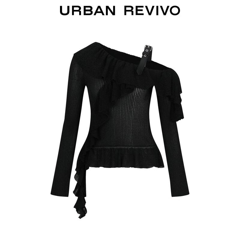 UR 2025 Spring Asymmetrical Ruffle Hem Knit Top