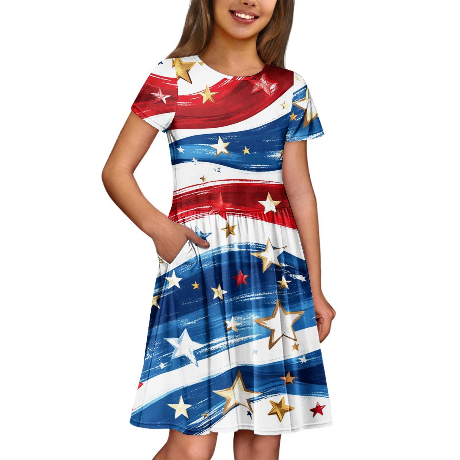 

Летнее платье для девочек, однотонное платье без рукавов с принтом и карманом, повседневное платье, вечернее платье с короткими рукавами 120