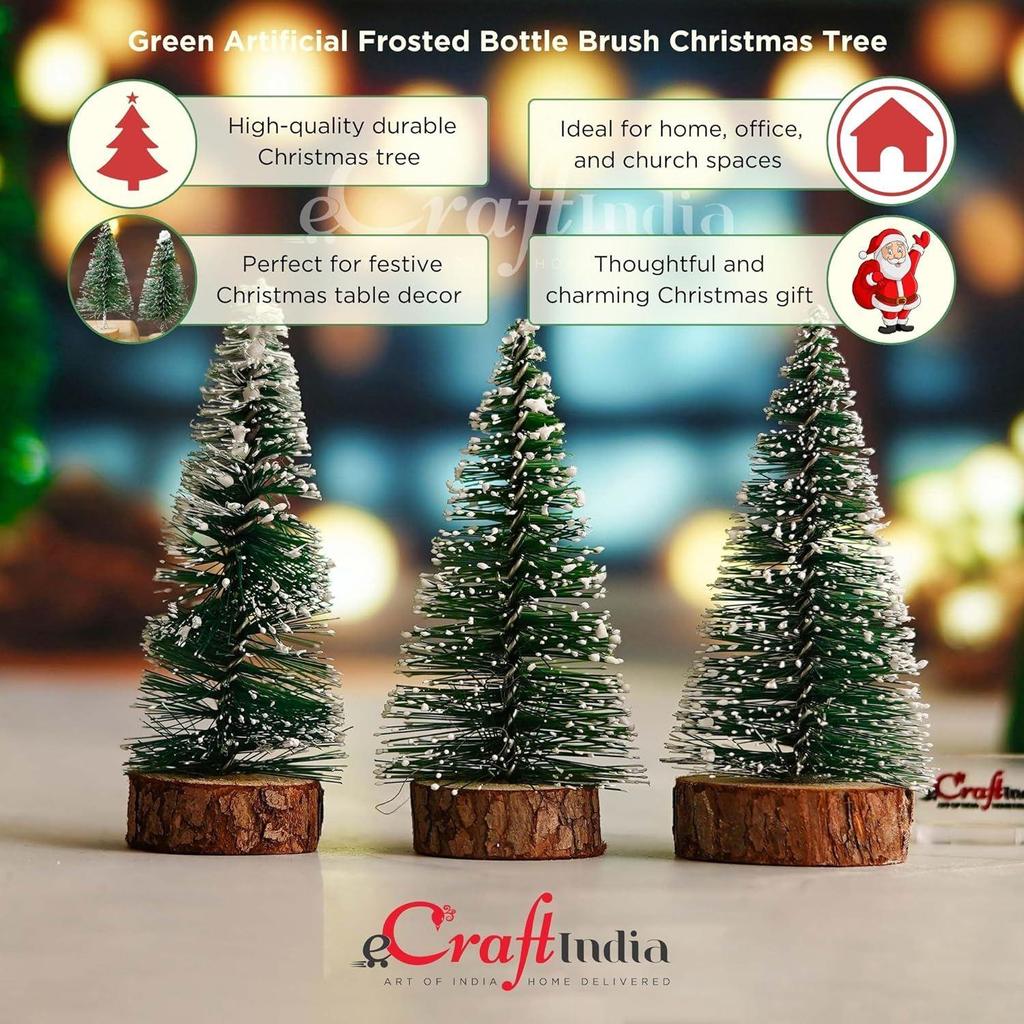 Green Frosted Bottle Brush Christmas Tree Wooden Base(Pack of 3) Small Christmas Tree for Table Home Office Church Decor|Merry Christmas Decorations