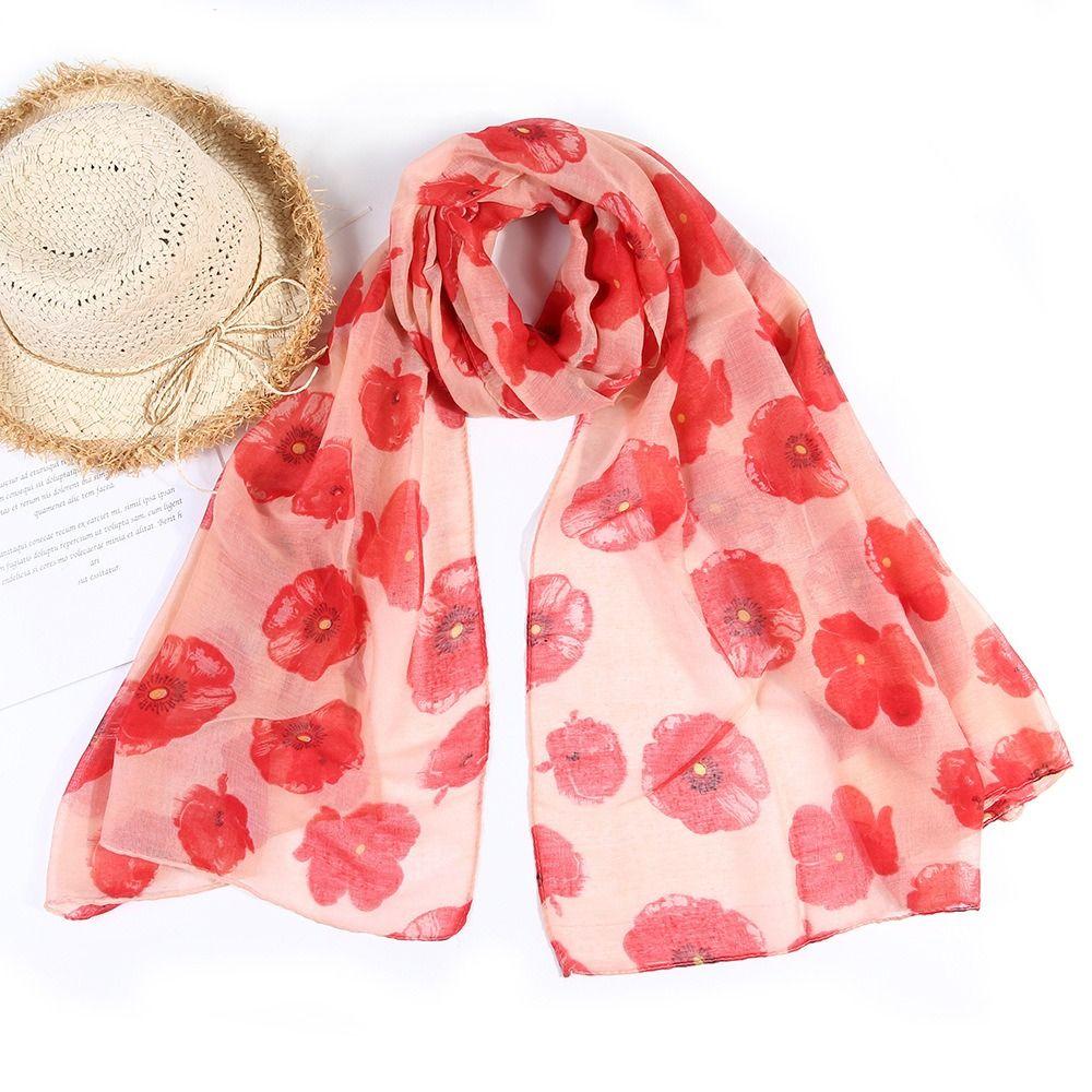 Colorful Poppy Print Scarf 180*90cm Smooth Poppy Floral Shawl Breathable Cotton Voile Poppies Floral Wrap for Women Ladies