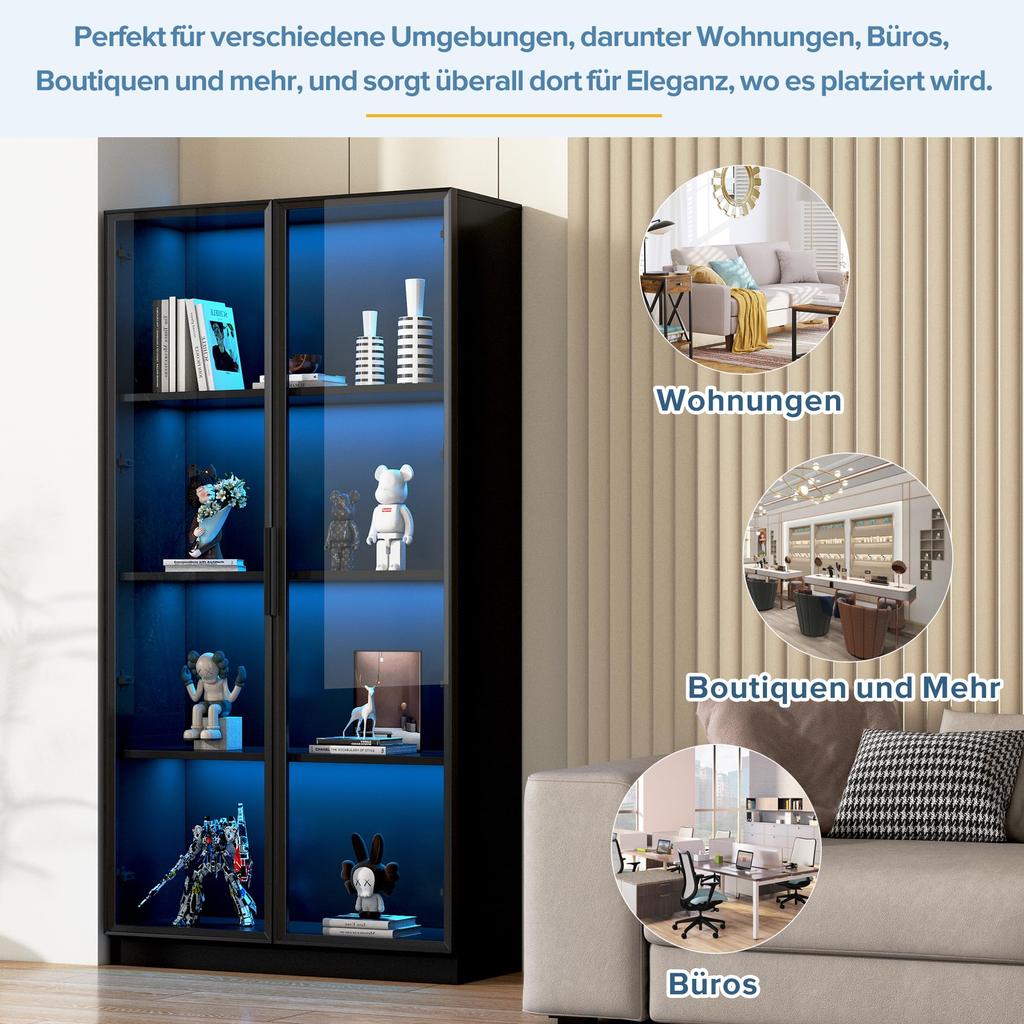 Glasvitrine LED-Lichtern 2er-Set, doppeltürige Schwarz viel Stauraum, Modern Einlegeböden, Bücherschrank Standvitrine Wohnzimmer Büro