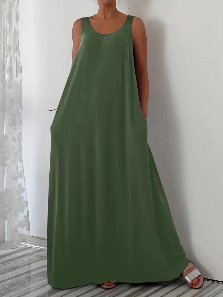 Plus Size Summer Solid Color Dress with Side Pockets (European and American Style)