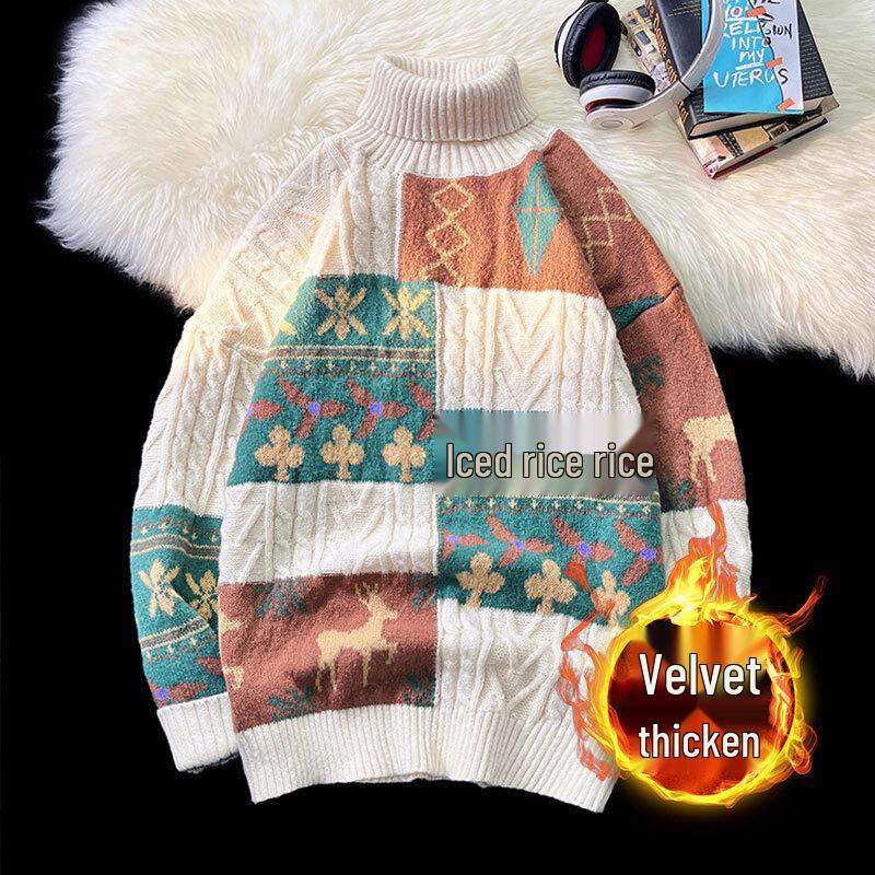 Vintage Turtleneck Knitwear: Men's Trendy Velvet Christmas Sweater - Autumn/Winter High-End Style