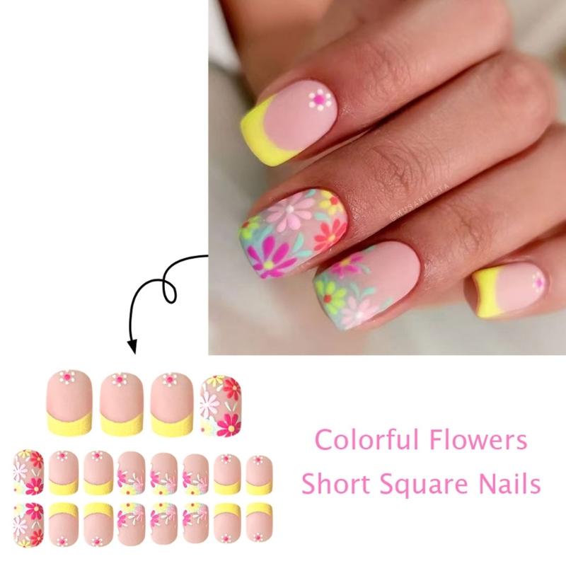 Quadratische Aufklebenägel Blume Falsche Nägel Klebenägel Künstliche Acrylnägel 12 Größen 24 Stück Aufklebenägel für Frauen Mädchen