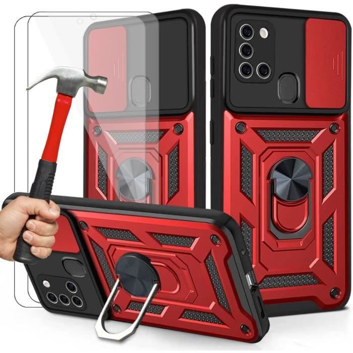 Coque de Protection - PROSHOP - Samsung A21S - Rouge - Verre Trempé - Anneau Antichoc