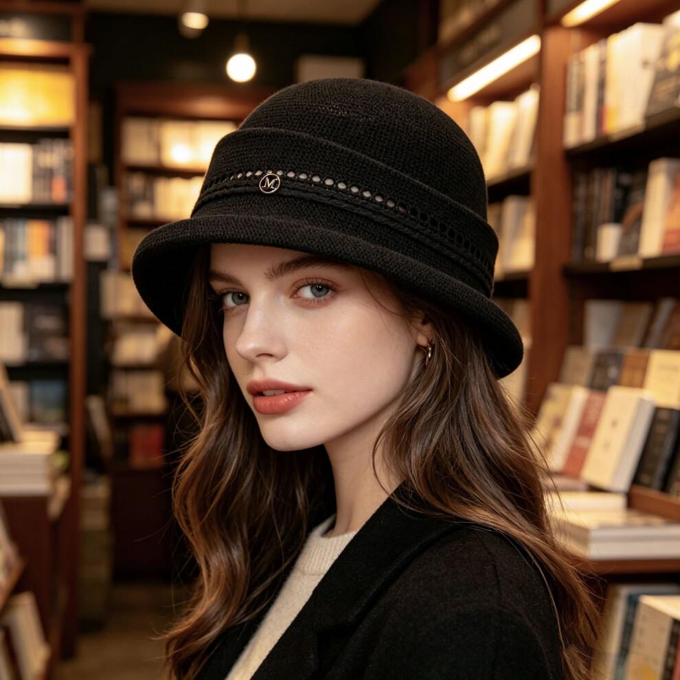 (One Size, Black) Women's Bucket Hat Hollow Knit Breathable Fisherman Cap Stylish Decorative Letter Detail Sun Hat