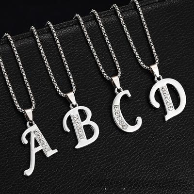 Trendy Sliver Color Micro-inlaid Zircon 26 English Letters Pendant Necklace for Men Woman Friends Couple Stainless Steel Jewelry