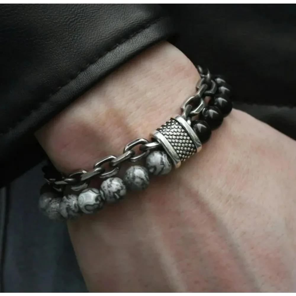 1PC Natural Stone Beaded Bracelet for Men Stainless Steel Bead Bracelet Fashion Jewelry Gift for Him Trendy Mens Accessories