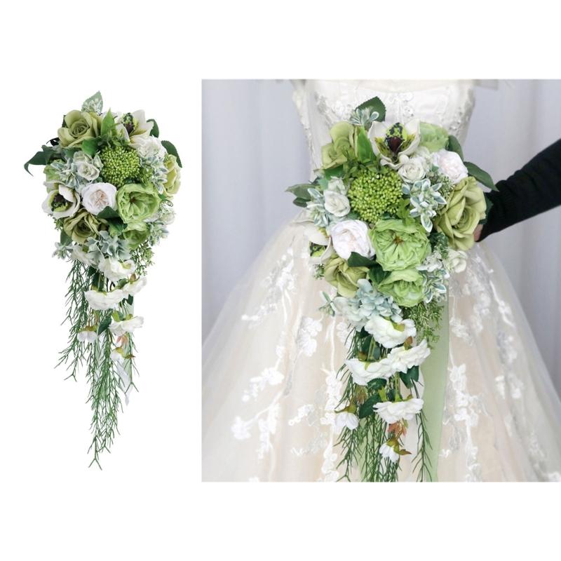 Delicate LimeGreen Rose Display Bouquets Artificial Flower Decorations Bride and Bridesmaids Long Bouquets for Wedding