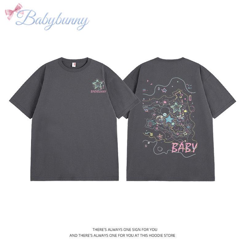 

2025 Starry Sky Loose Cotton T-shirt: Trendy Hand-Drawn Baby Graffiti Design with Short Sleeves XXL