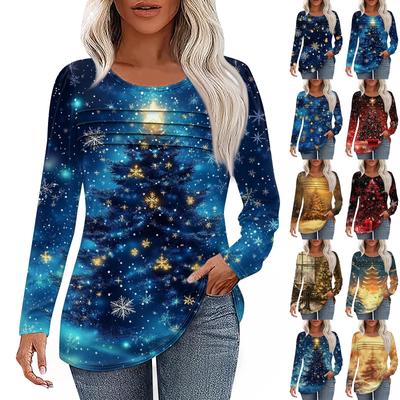 Tricou de damă casual la modă, cu imprimeu, cu gât rotund, lung, plisat, Crăciun