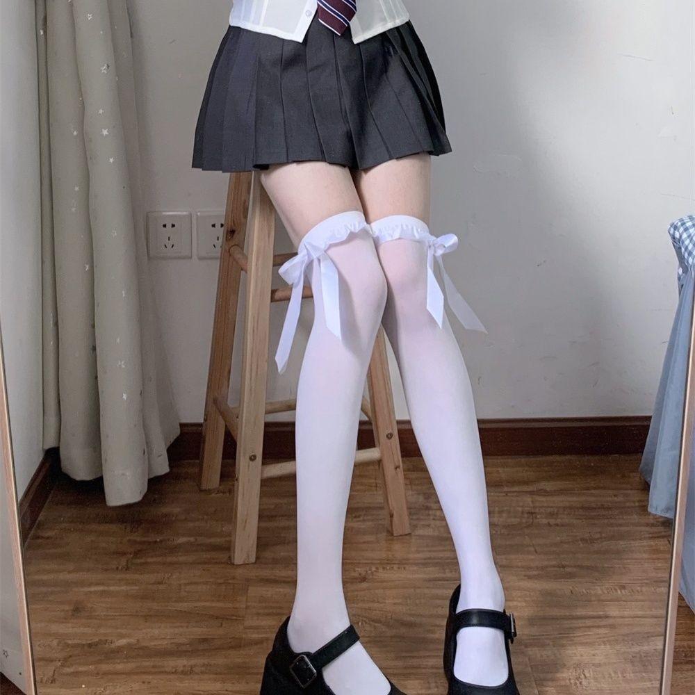 Lace Bow Over Knee Sweet Girl Pure Desire Wind Xiaohongshu Satin Lace Tall Socks Butterfly Ribbon