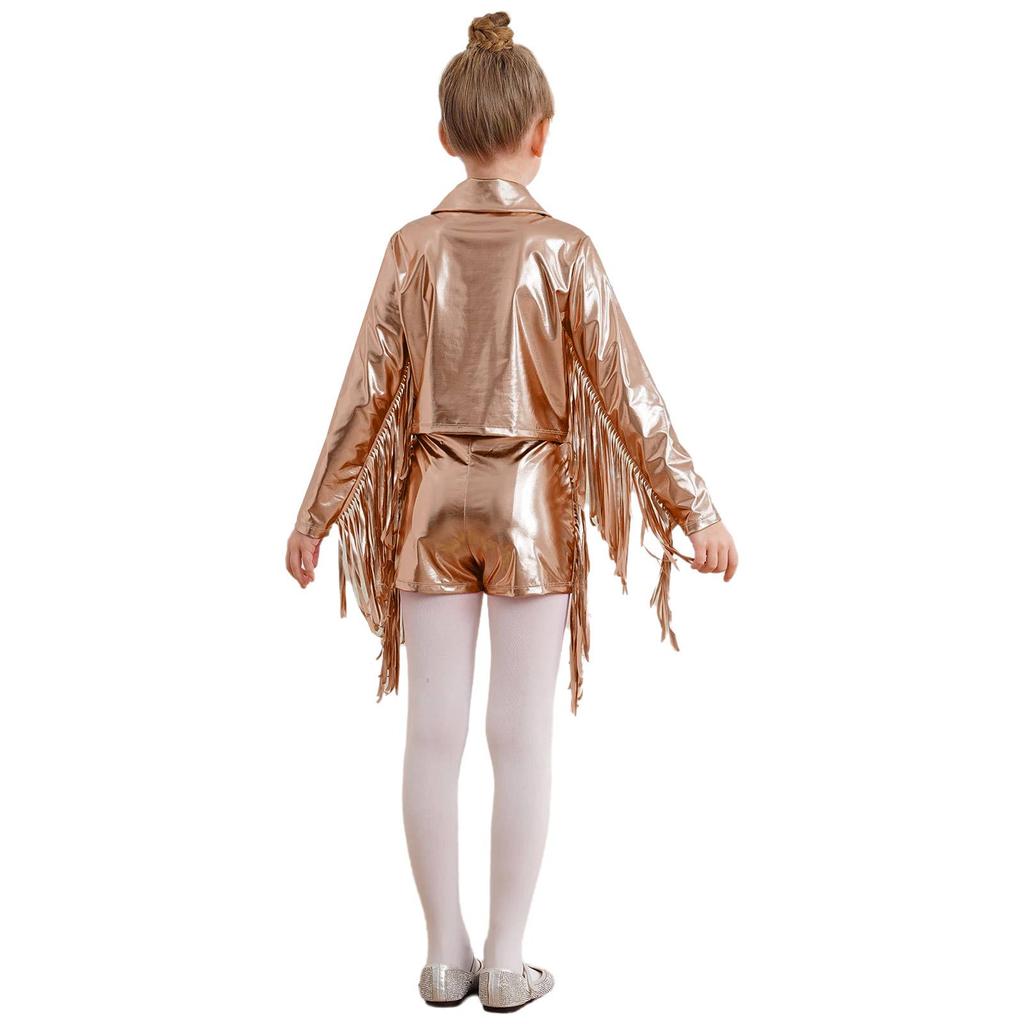 Mädchen Tanzjacke Quasten Fransen Metallic Top Umlegekragen Langarm Reißverschluss Glänzende Jacke Shorts