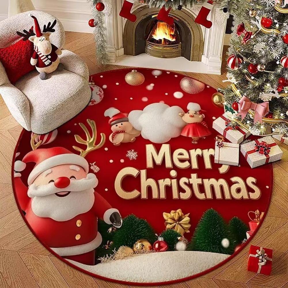 Santa Claus Polyester Christmas Round Mat Snowflake Print Snowman Cartoon Round Rug Anti-Slip Round Carpet Home Decor