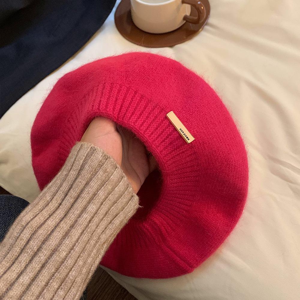 Pălărie cu beretă de păr de iepure pentru femei, toamnă, iarnă, coreeană, gri, pălării de pictor, retro, logo-ul de fier, șapci din fire de muguri