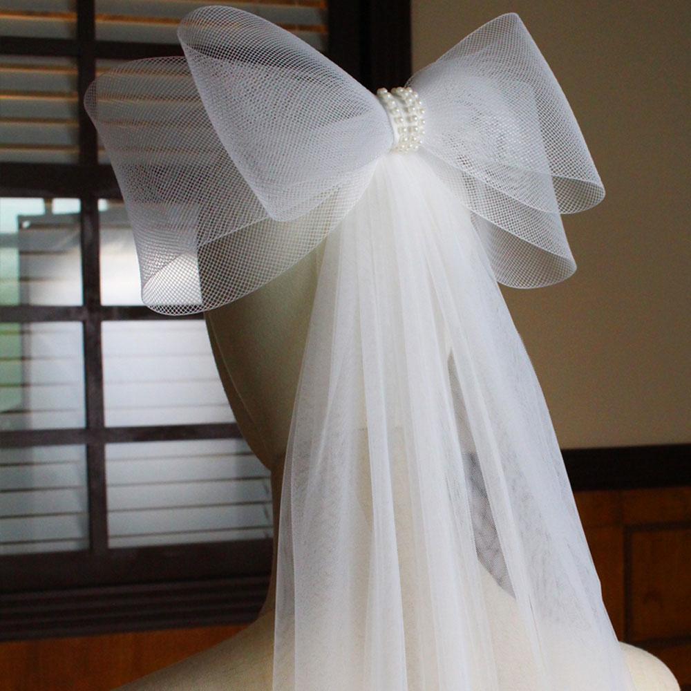 V849 Damen Hochzeitsaccessoires Exquisiter Brautschleier Weiß Zweilagiger Tüll Braut Hochzeitsschleier mit Harttüll Perlen Schleife