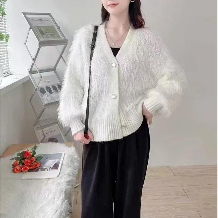 Women's Autumn/Winter Faux Mink Velvet Knit Cardigan - Soft, Glossy, and Cozy Sweater Jacket