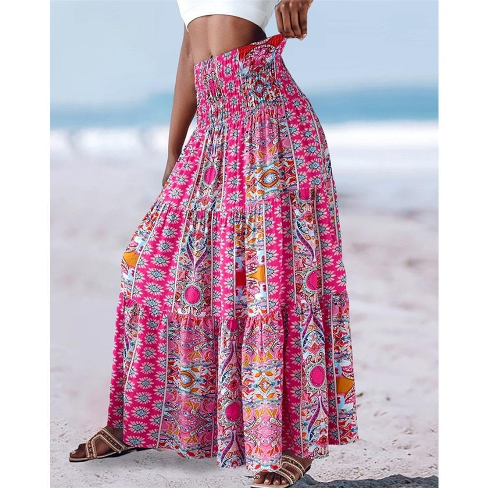 Women's Summer Elastic Waist Loose Long Printed Skirt