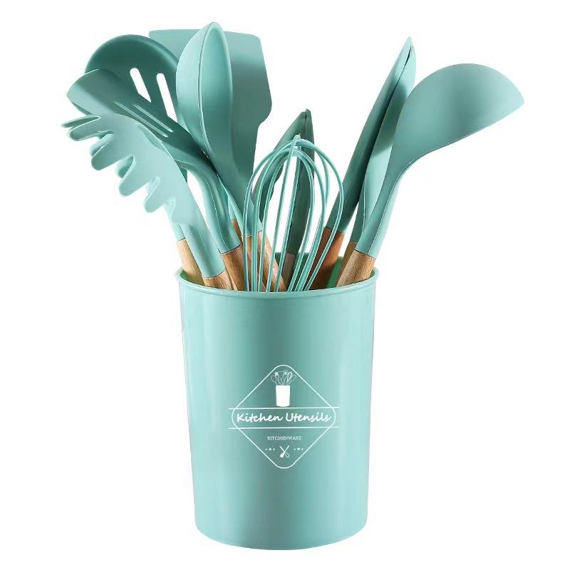 12PCS Silicone Kitchenware Non-Stick Cookware Kitchen Utensils Set Spatula Shovel Egg Beaters Wooden Handle Cooking Tool Set