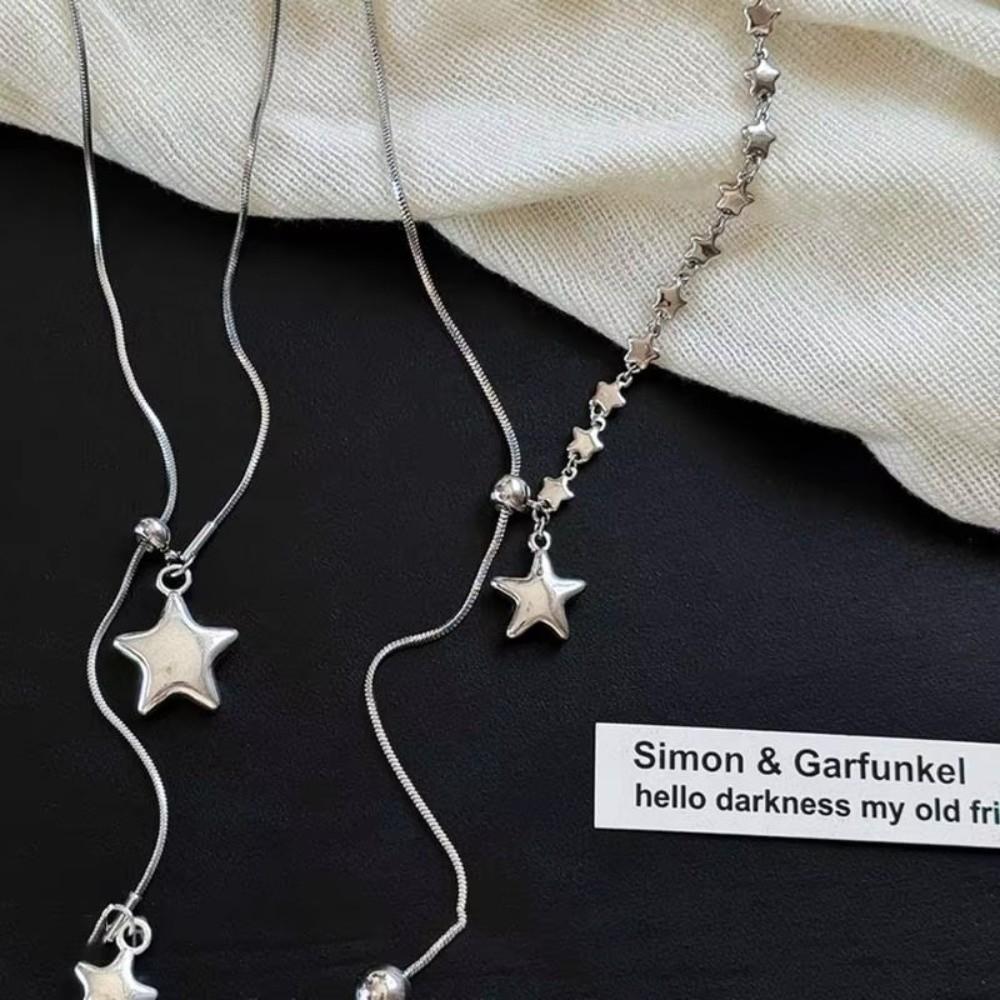Asymmetrical Design Star Pendant Necklace Silver Adjustable Chain Necklace Unisex