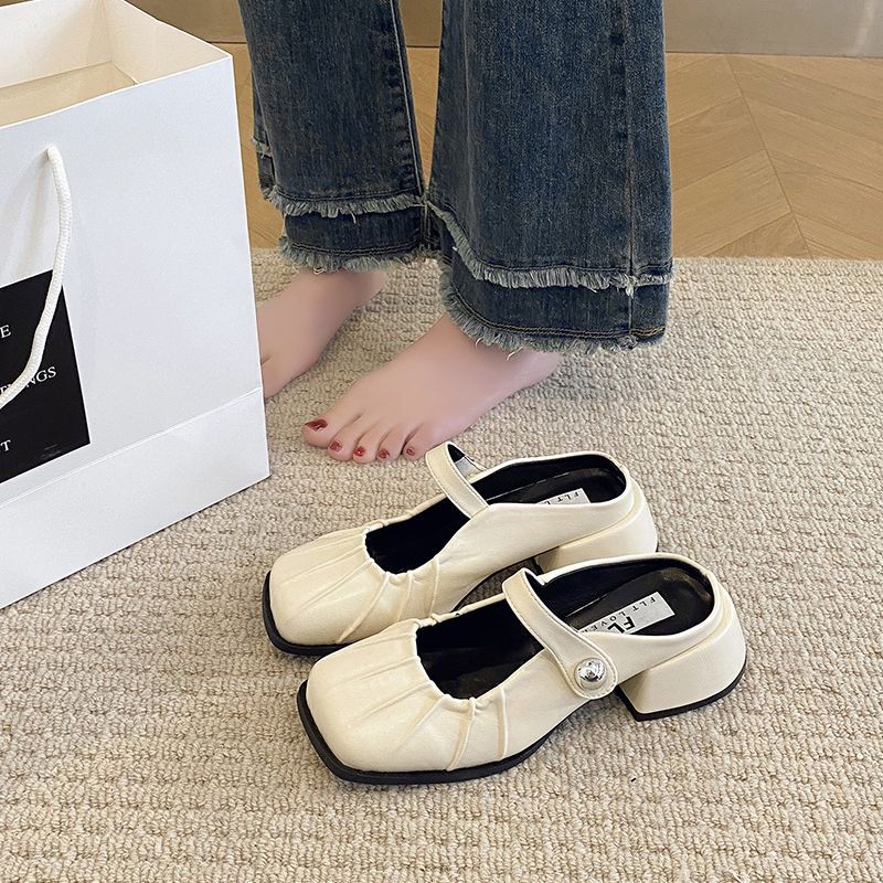 High-heeled bag head half slippers women's outer wear 2025 new spring and summer thick heel medium heel silver Mary Jane single shoes sandals