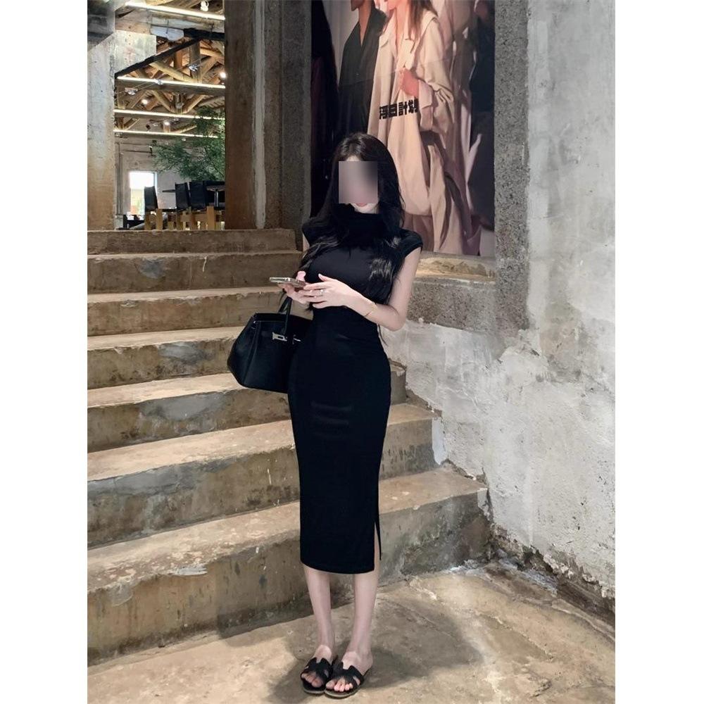 Simple and generous semi-turtleneck dress women's summer temperament fashion tight fishtail hip-wrapped long skirt