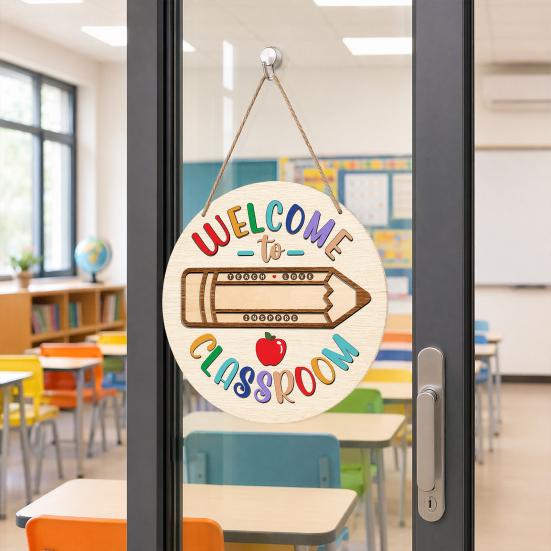 huaqianguhh Wooden Welcome Sign for Classroom Door, to Our Round Hanger, Front Door Hanging Sign, Back School Preschool Decoration