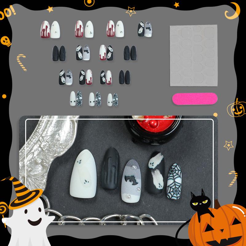 30-Piece Halloween High-Quality 3D Blood Drop Bat Almond Nails with Rhinestones