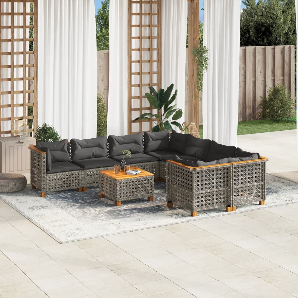 Vidaxl 9-Cz. Garden Furniture Set With Cushions, Grey, Poly Rattan