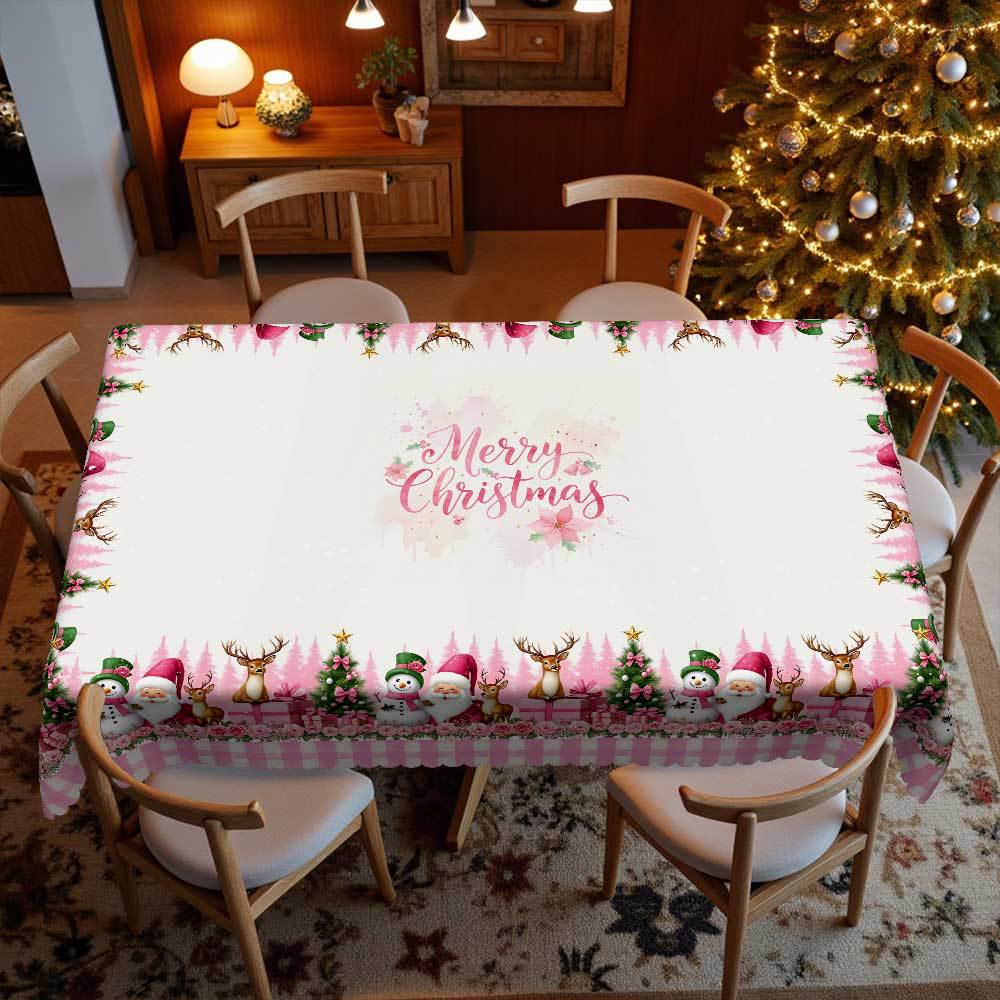Pink Girl Christmas Table Cloth, Snowman Reindeer Gift Plaid Tablecloth, Pink Rose Lace Table Cloth