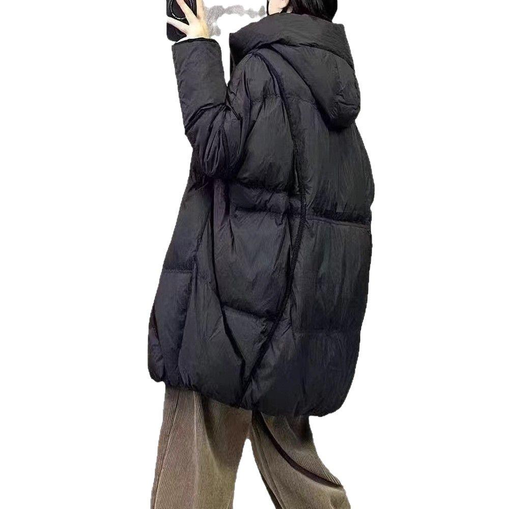 Autumn and winter new European goods large size thickened hooded solid color white duck down jacket women's medium and long coat tide