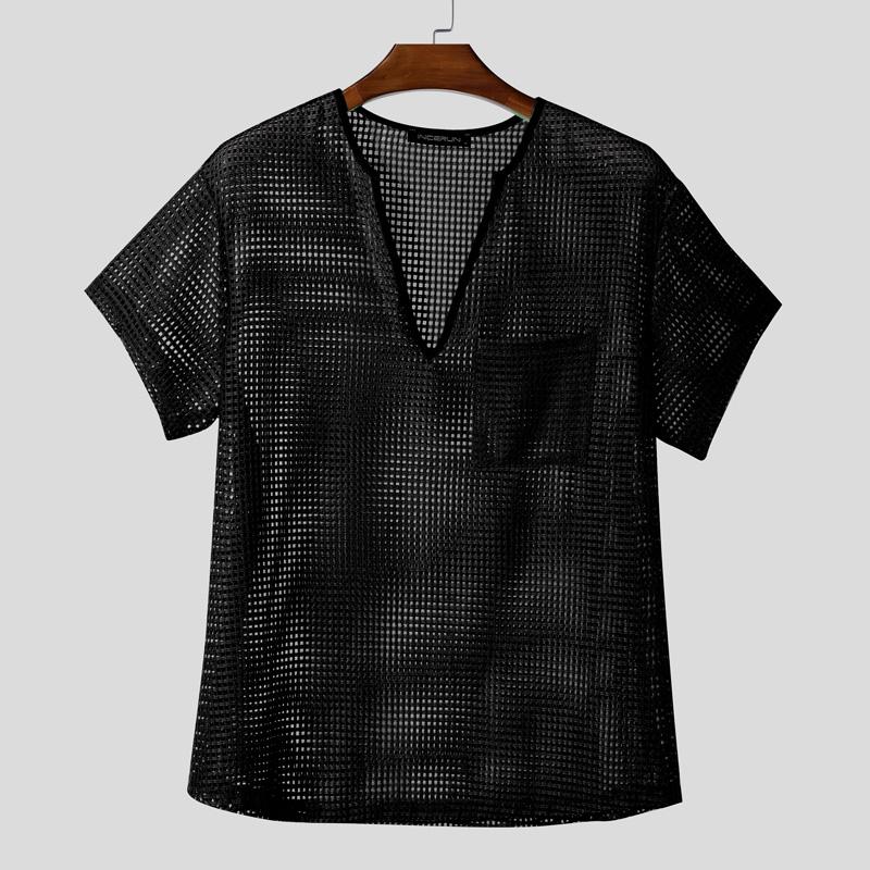 

INCERUN Мужские футболки с коротким рукавом, сетчатые, прозрачные, с вырезами, пляжные топы M чёрный