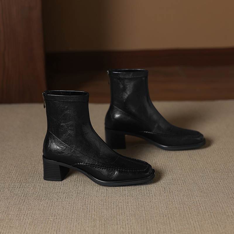Krazing Pot Botines Chelsea de Puntera Cuadrada con Tacón Grueso de Microfibra Talla 42 Cremallera Decoración Plisada para Mujer Botines Elásticos en el Tobillo