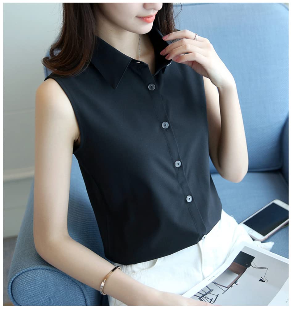 Ermeløs Chiffon Krage Slim Skjortekjole Skjorte Kort Ermet Business Krage [Formanism] Kvinners (M, svart)