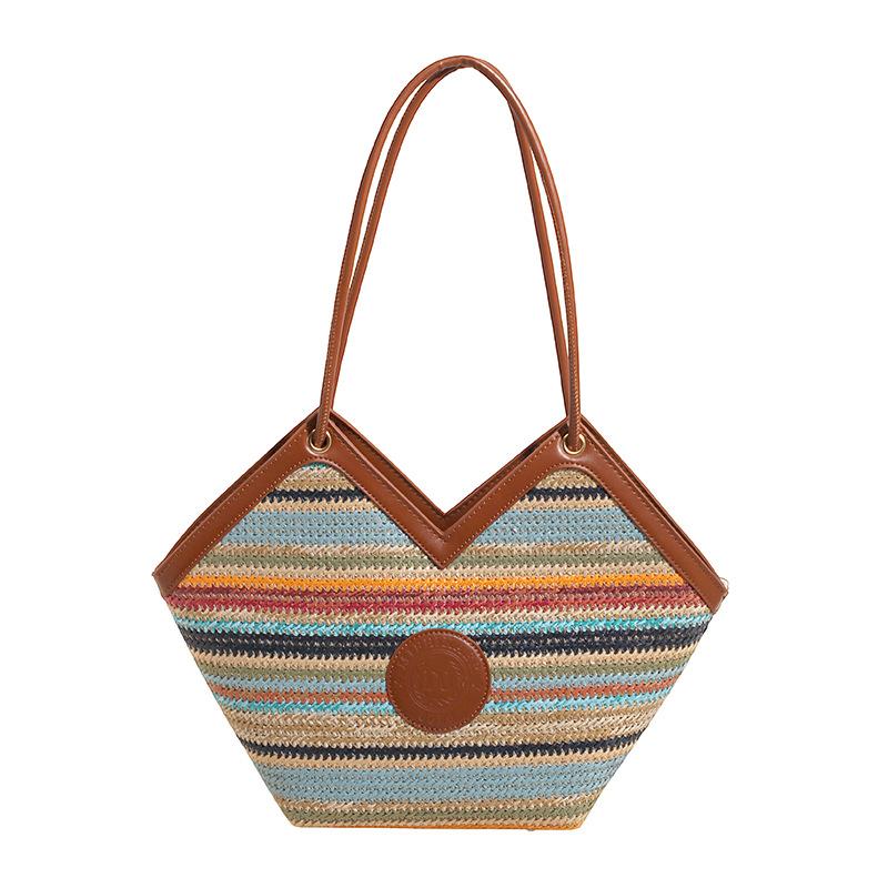 2025 New Rainbow Straw Woven Heart Texture Casual Fashion Large Capacity Vegetable Basket Handbag Tote Bag