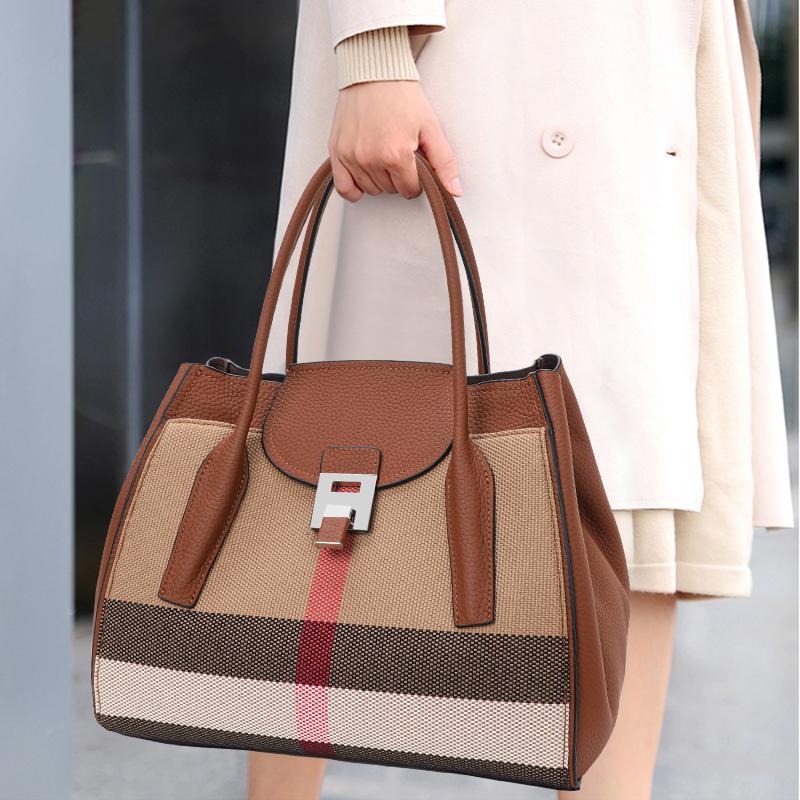 Νέα Γυναικεία Vintage Καρό Τσάντα Χειρός με Μεγάλη Χωρητικότητα, Καθημερινή, Ευέλικτη, από καμβά και δέρμα αγελάδας, τσάντα με πτερύγια
