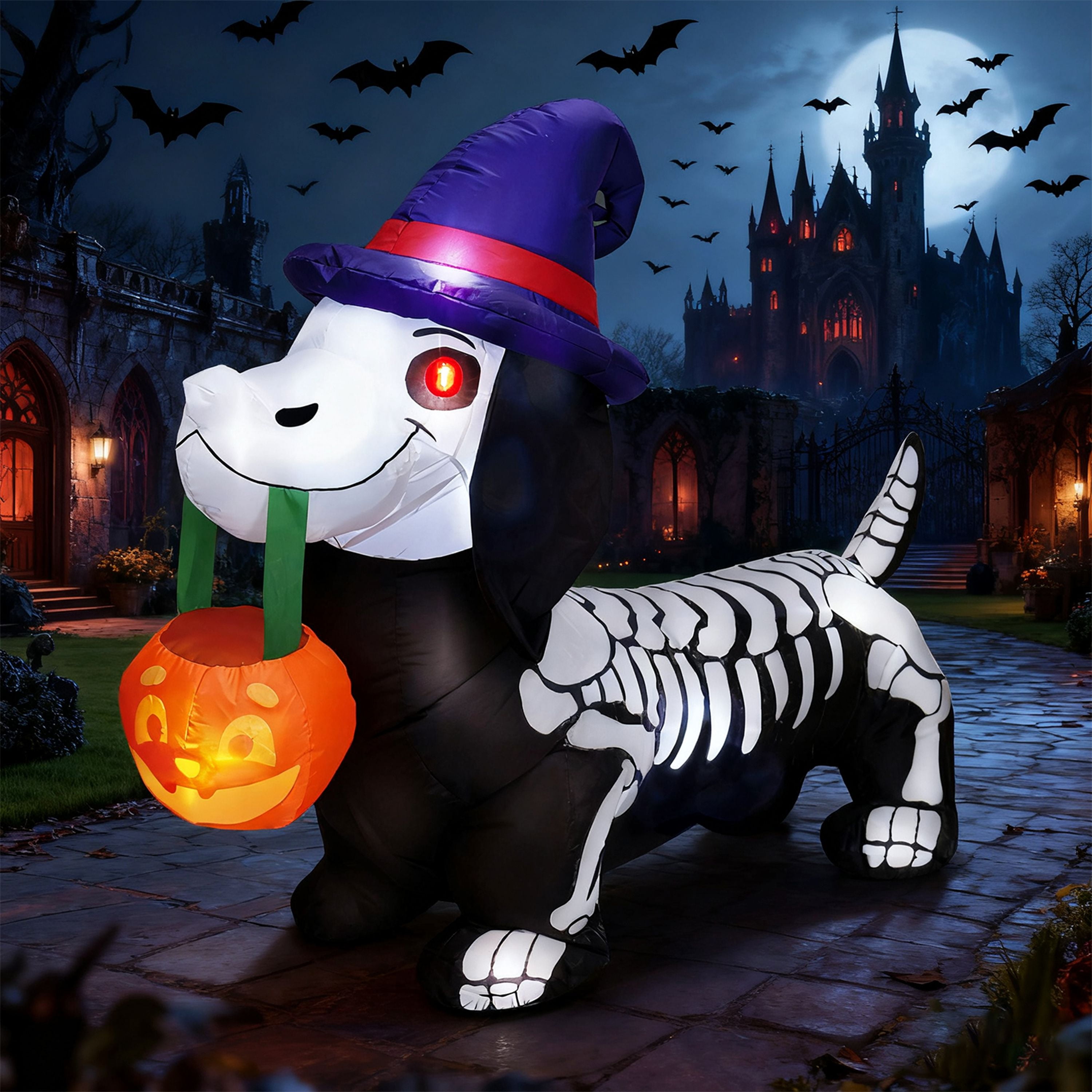 Joyfy 5 FT Pumpkin Skeleton Wiener Dog Halloween Inflatables Light up Halloween Inflatables Outdoor Halloween Yard Decorations