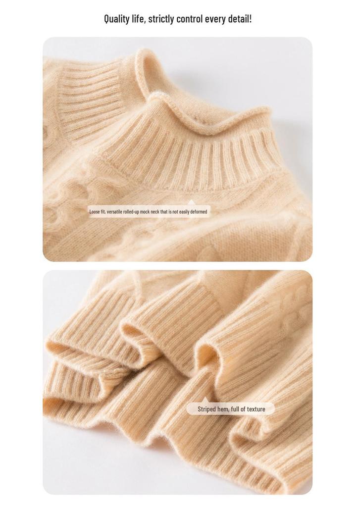 2025 Autumn Women's High Neck Cable Knit Cashmere Sweater - Loose Fit with Diamond Pattern